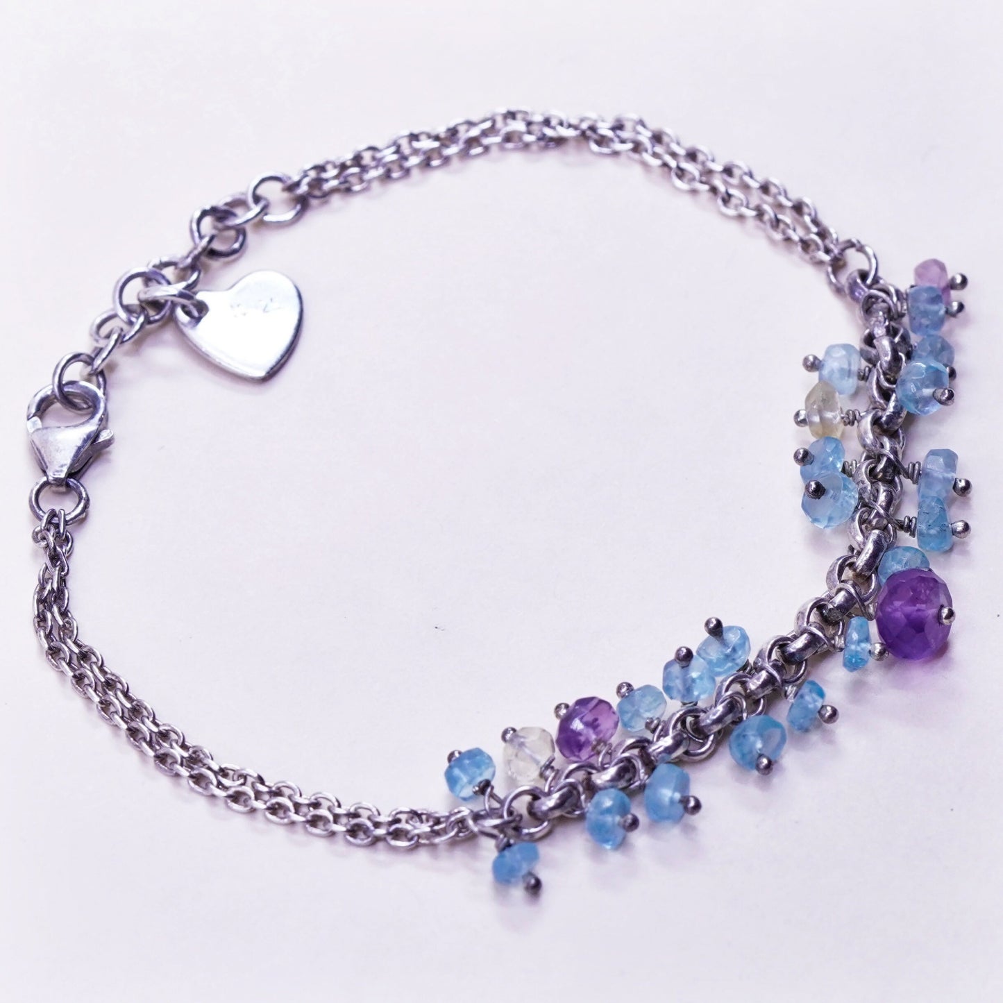 8” Vintage Sterling silver handmade bracelet, natural amethyst and topaz beads