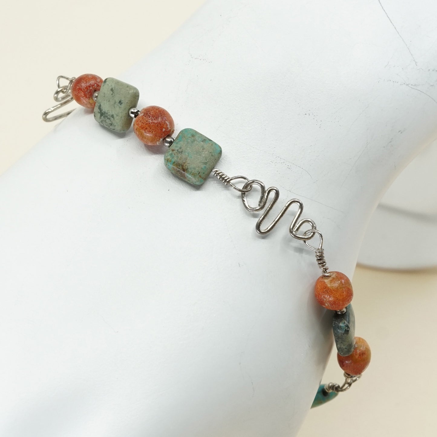 7.25", VTG Sterling silver handmade bracelet, Mexico 925 w/ turquoise N coral