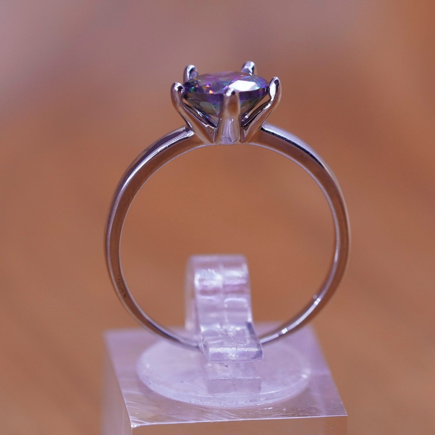 Size 9, vintage Sterling 925 silver engagement ring with rainbow topaz