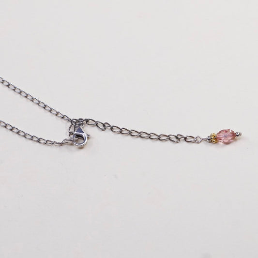 18+2”, Sterling silver necklace, 925 curb chain w/ pink crystal fringe pendant