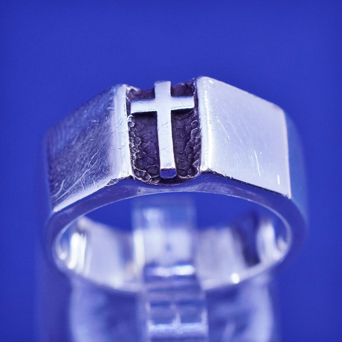 Size 8, vintage BSD Sterling silver handmade ring, 925 band with cross embossed