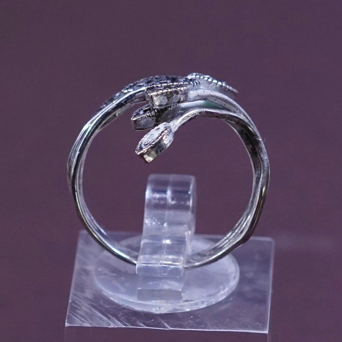sz 6.75, vtg sterling silver handmade ring southwestern 925 leaves w/ marcasite