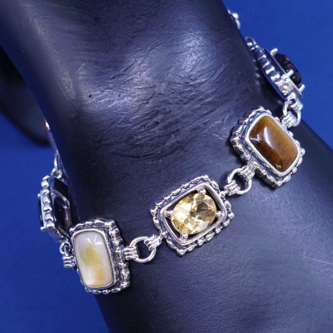 7.25", vtg sterling 925 silver handmade bracelet w/ mop, tiger’s eye N citrine