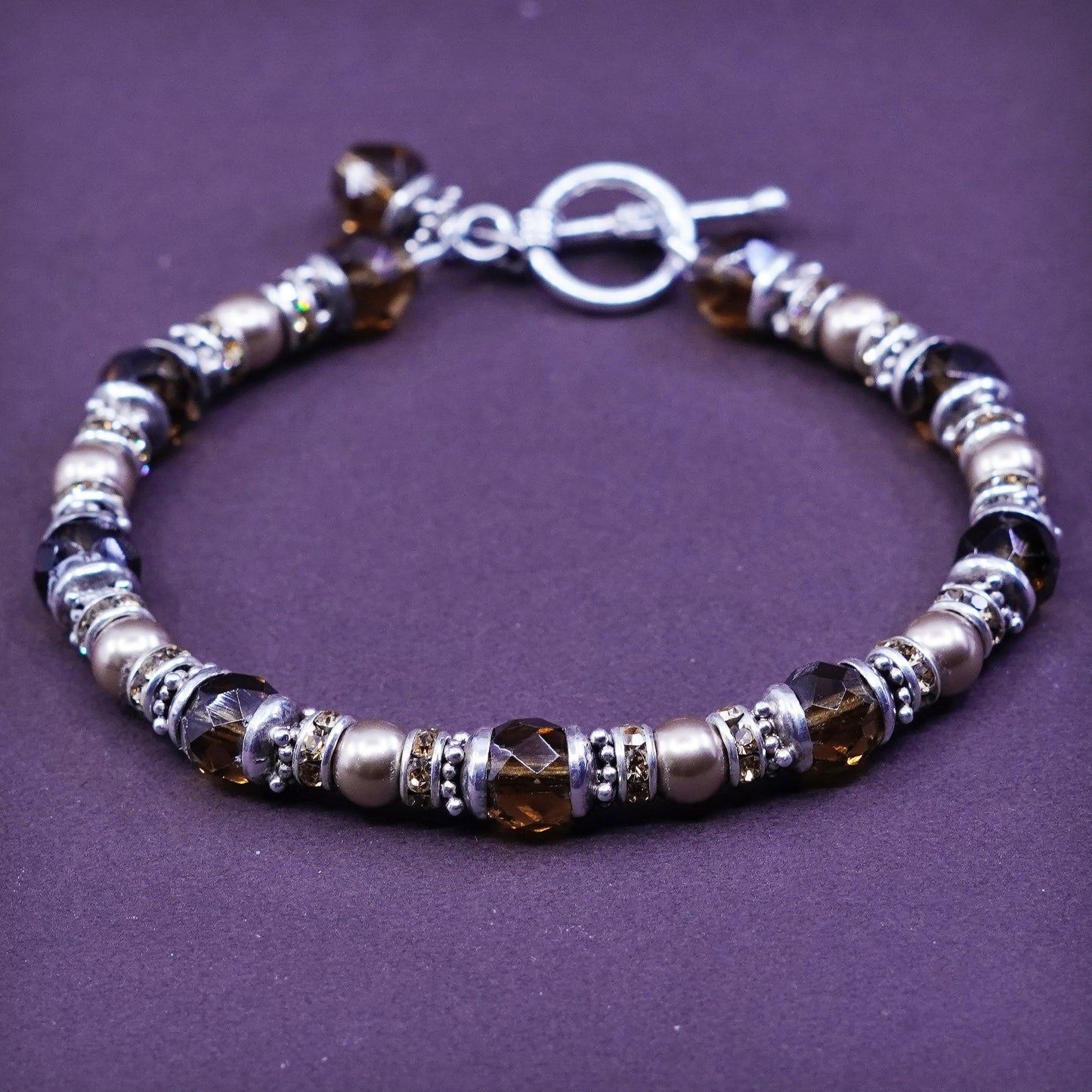 7.25”, Sterling 925 silver beads bracelet with smoky topaz and pearl and Cz