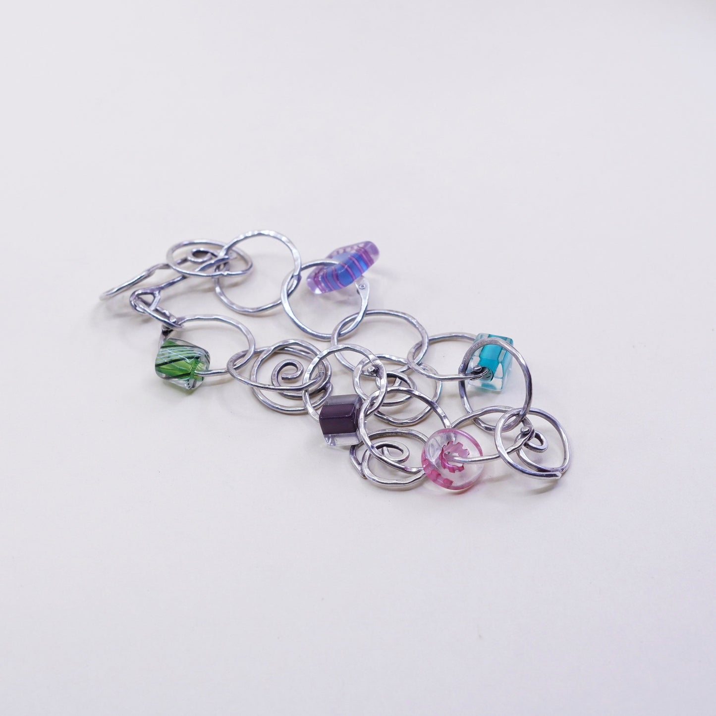 6”, 925 Sterling silver swirl circle bracelet with artisan colorful glass beads