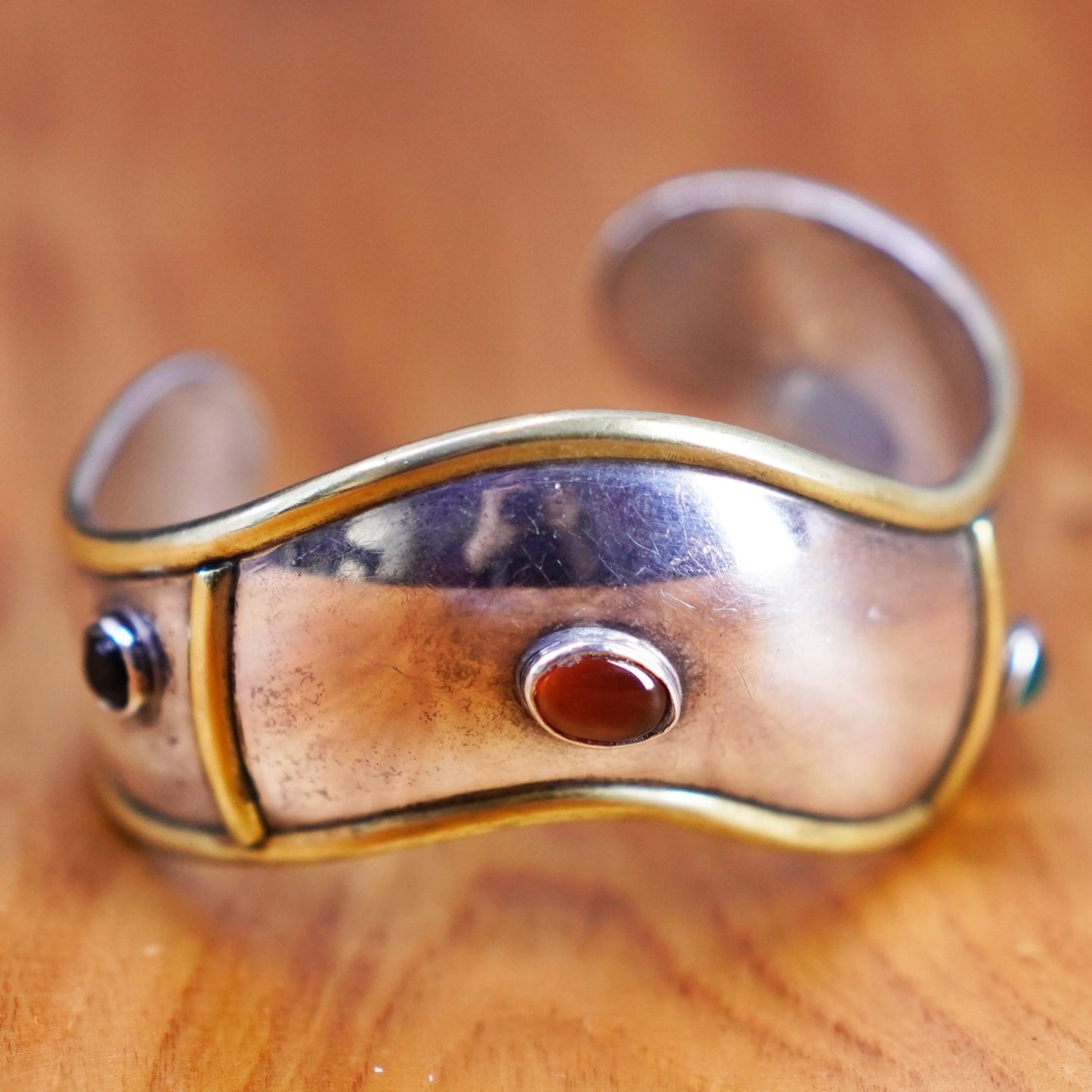 6”, mexico two tone Sterling silver bracelet, 925 cuff brass trim garnet jade