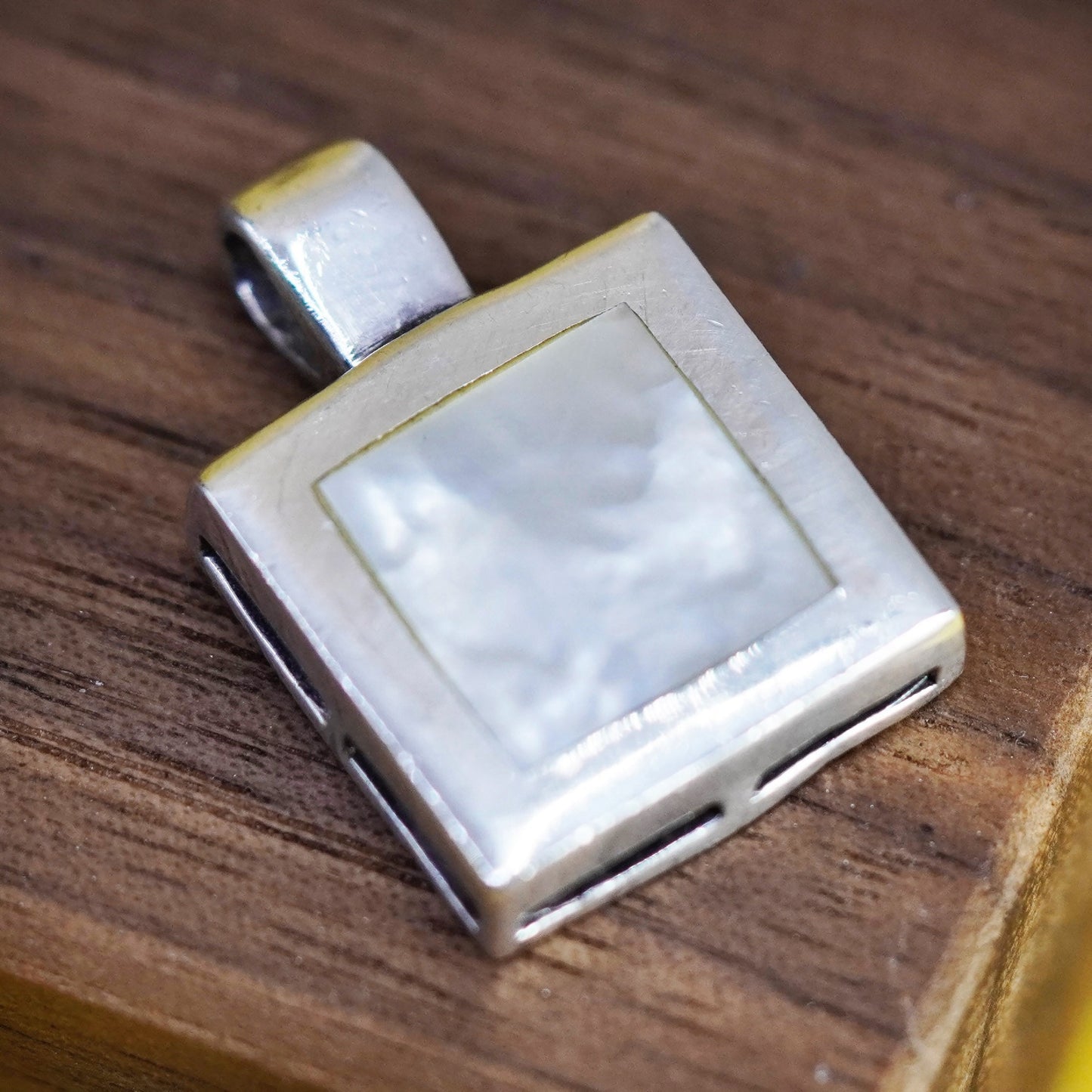 Vintage Sterling 925 silver handmade square pendant with mother of pearl