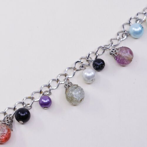 7.25”, Vtg Antique Silver Tone Handmade Bracelet W/ Blue Pear N Foiled Glass