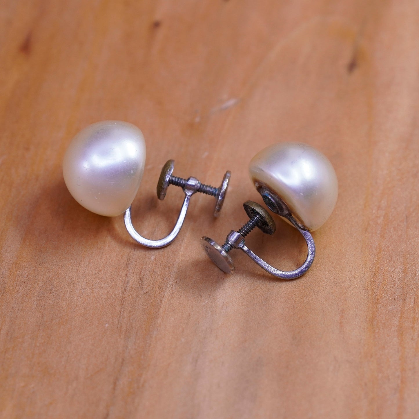 Vintage Sterling 925 silver screw handmade earrings with pearl