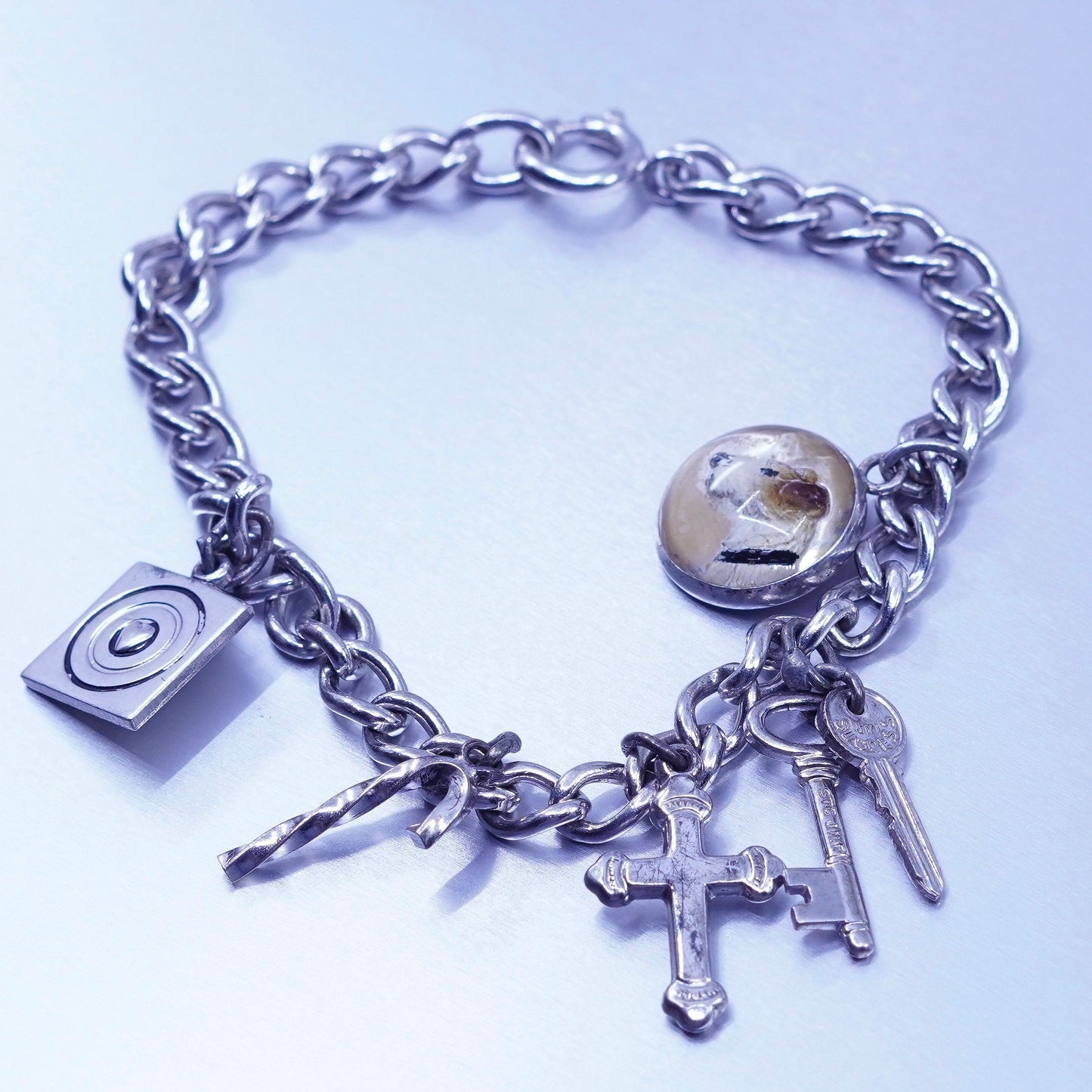 6.5”, Italy Sterling 925 silver bracelet, curb chain heart cross key dog charm
