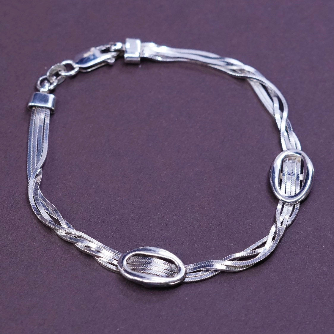 7.25", vtg Sterling silver handmade 4 strands snake bracelet w/ oval knot