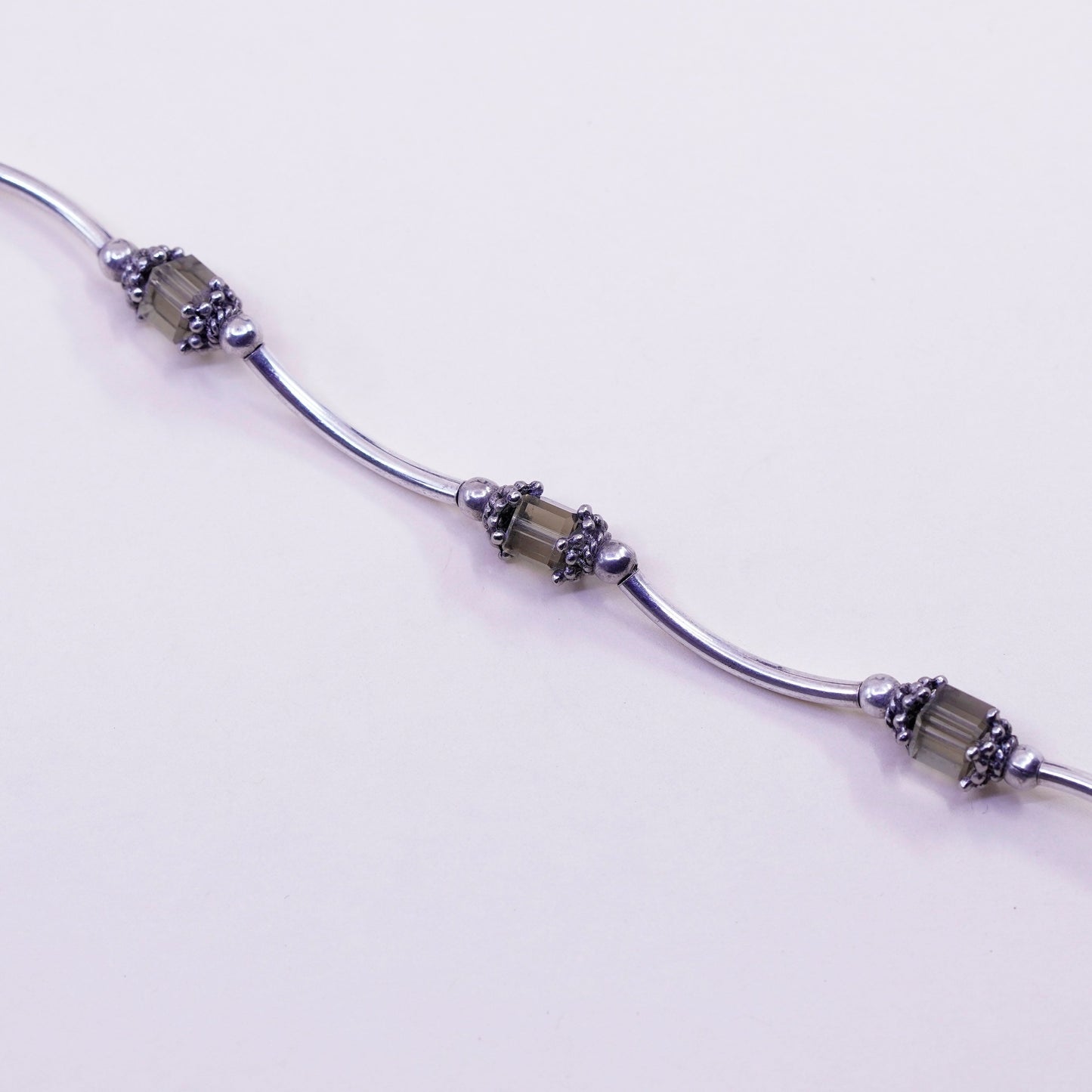 6.5”, vintage Sterling silver handmade bracelet, 925 bar smoky crystal beads