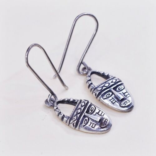 Vtg Handmade 925 Sterling Silver Earrings, Native Mayan Aztec Face Dangles