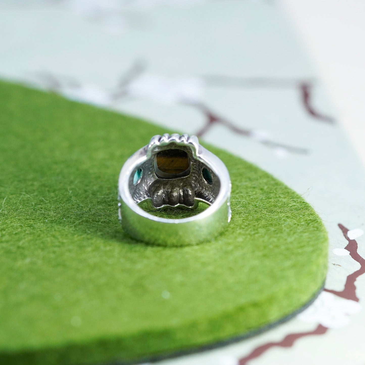 Size 7, sterling silver ring, band with golden tiger eye and turquoise beads