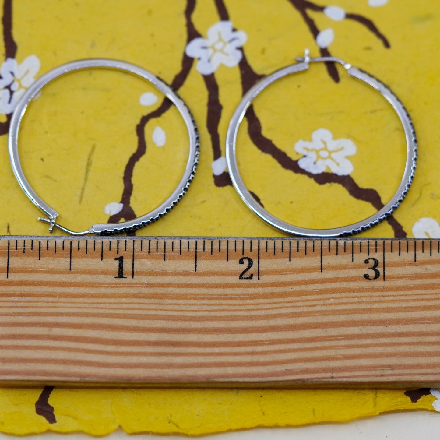 1.5”, Sterling silver hoop earrings, 925 huggie with cluster black diamonds