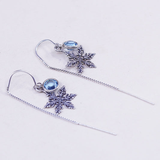 Vintage sterling silver handmade earrings, 925 snowflake drops with blue inlay