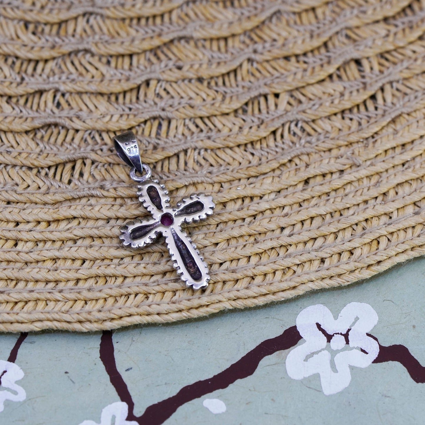 Vintage Sterling silver handmade pendant, 925 cross with ruby beads, Christian