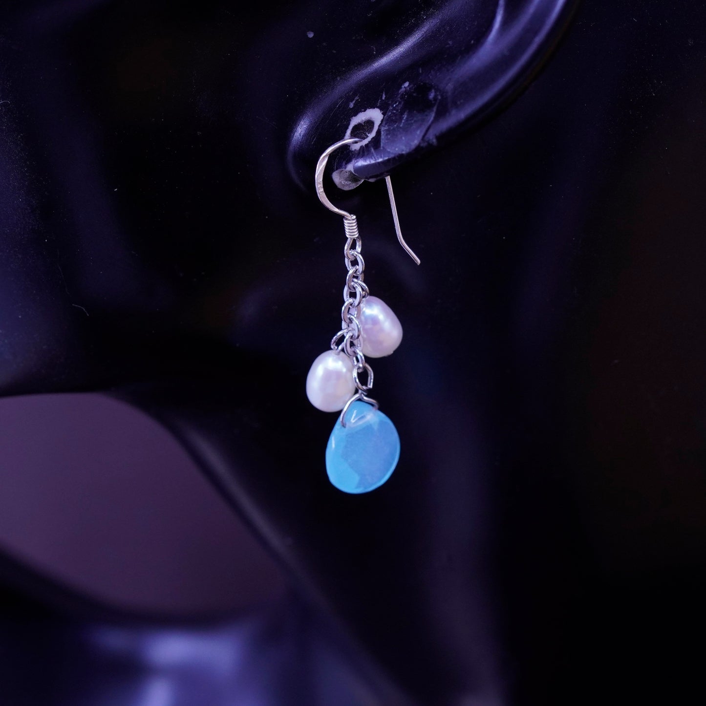 Vintage Sterling 935 silver handmade earrings with teardrop jade and pearl