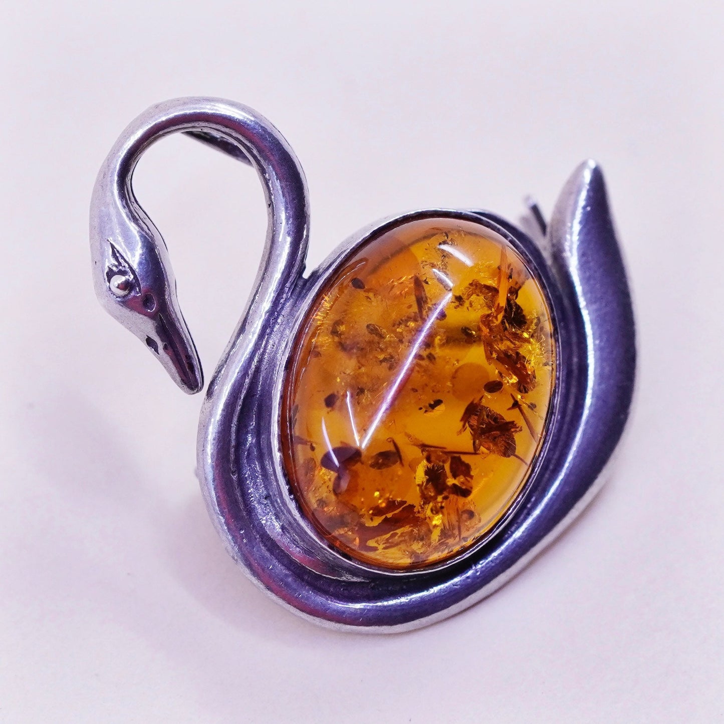 Vintage sterling silver handmade brooch, 925 swan bird amber pin pendant