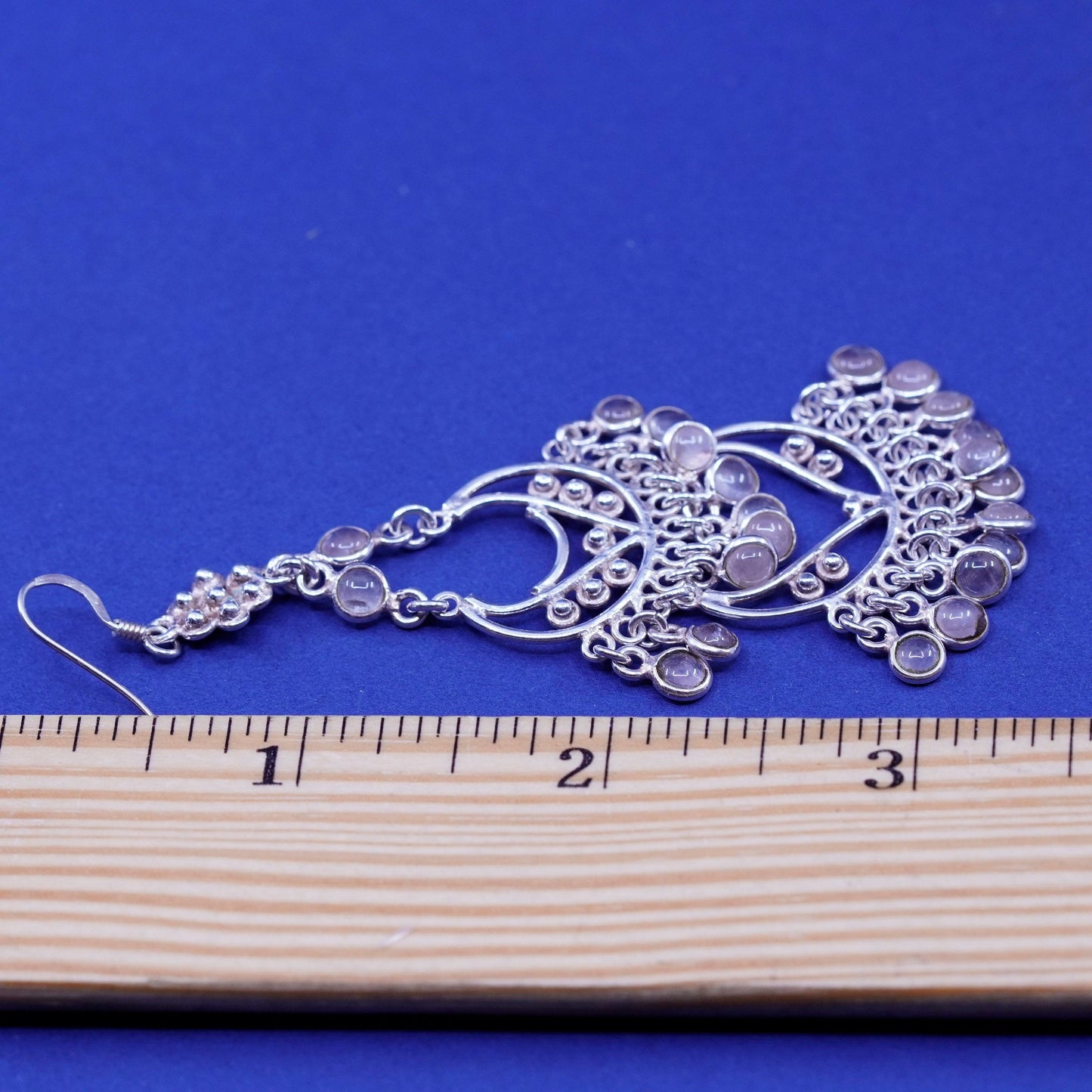 Sterling 925 silver handmade long filigree bead earrings pink quartz cluster