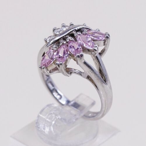 Sz 8.5, Vtg Sterling Silver Handmade Ring, 925 Silver Band W/ Cluster Pink Cz