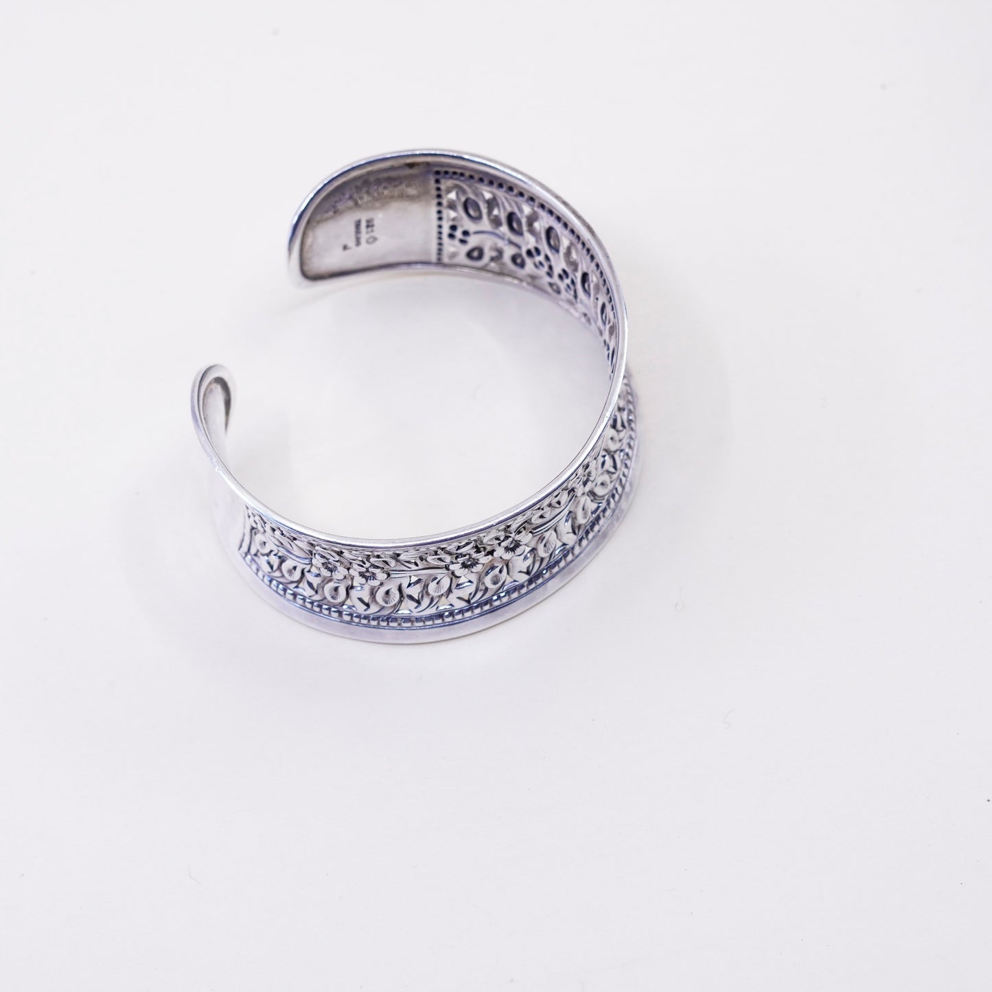 6.5”, sterling silver handmade bracelet, wide 925 cuff with filigree flower