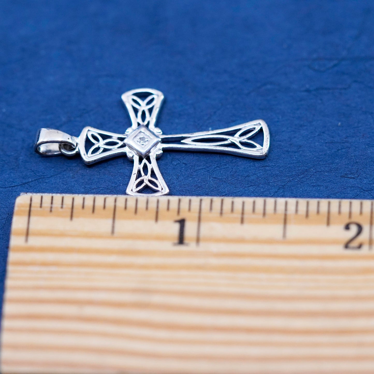 Vintage Sterling silver handmade pedant, filigree 925 cross w/ genuine diamond