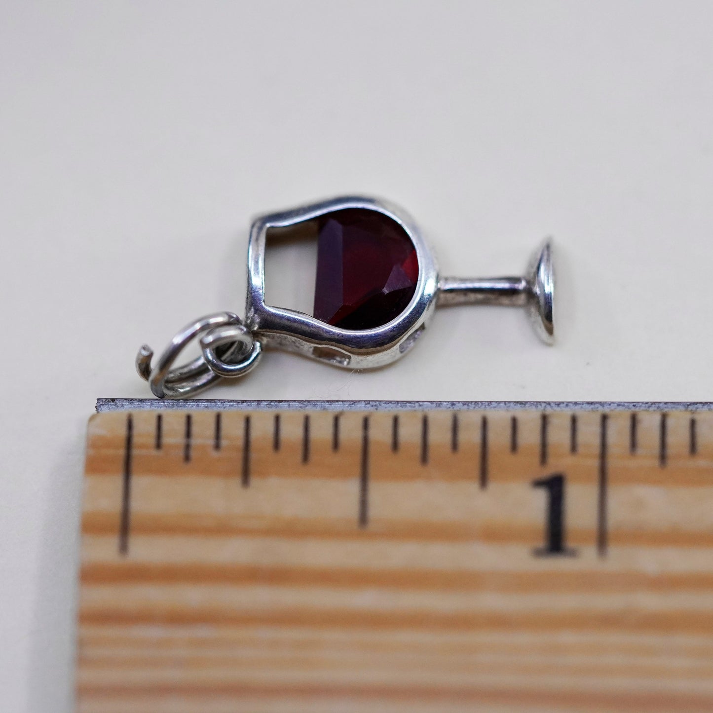 Vintage sterling silver handmade pendant, 925 wine glass charm with ruby