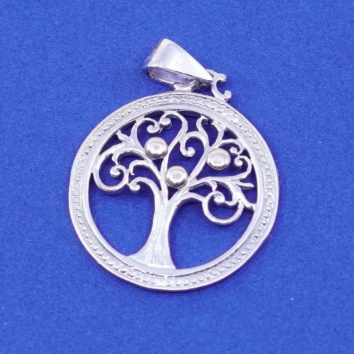 sterling silver handmade pendant, 925 circle w/ filigree tree 10K gold beads