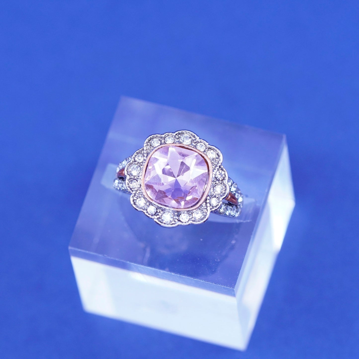 Size 7.75, vintage Sterling 925 silver handmade statement ring pink crystal