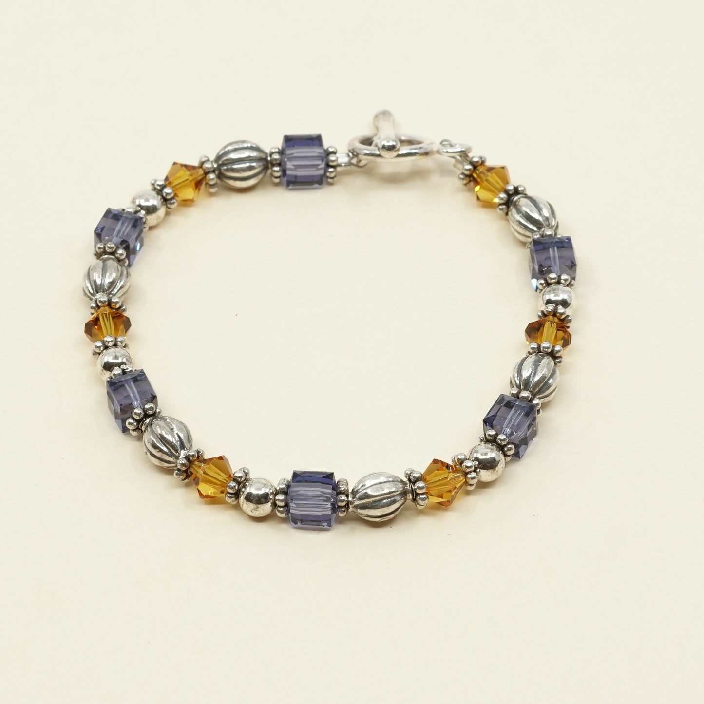 7", VTG Sterling 925 silver handmade bracelet w/ purple, yellow Swarovski beads