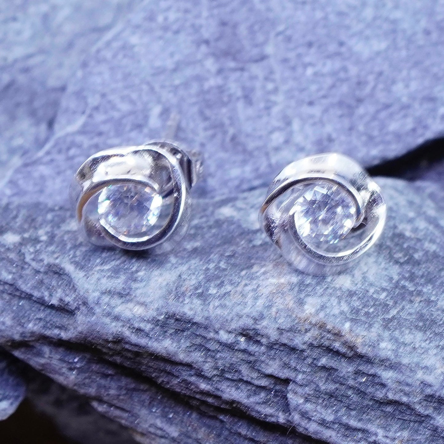 Vintage sterling silver handmade earrings, 925 studs with CZ inlay