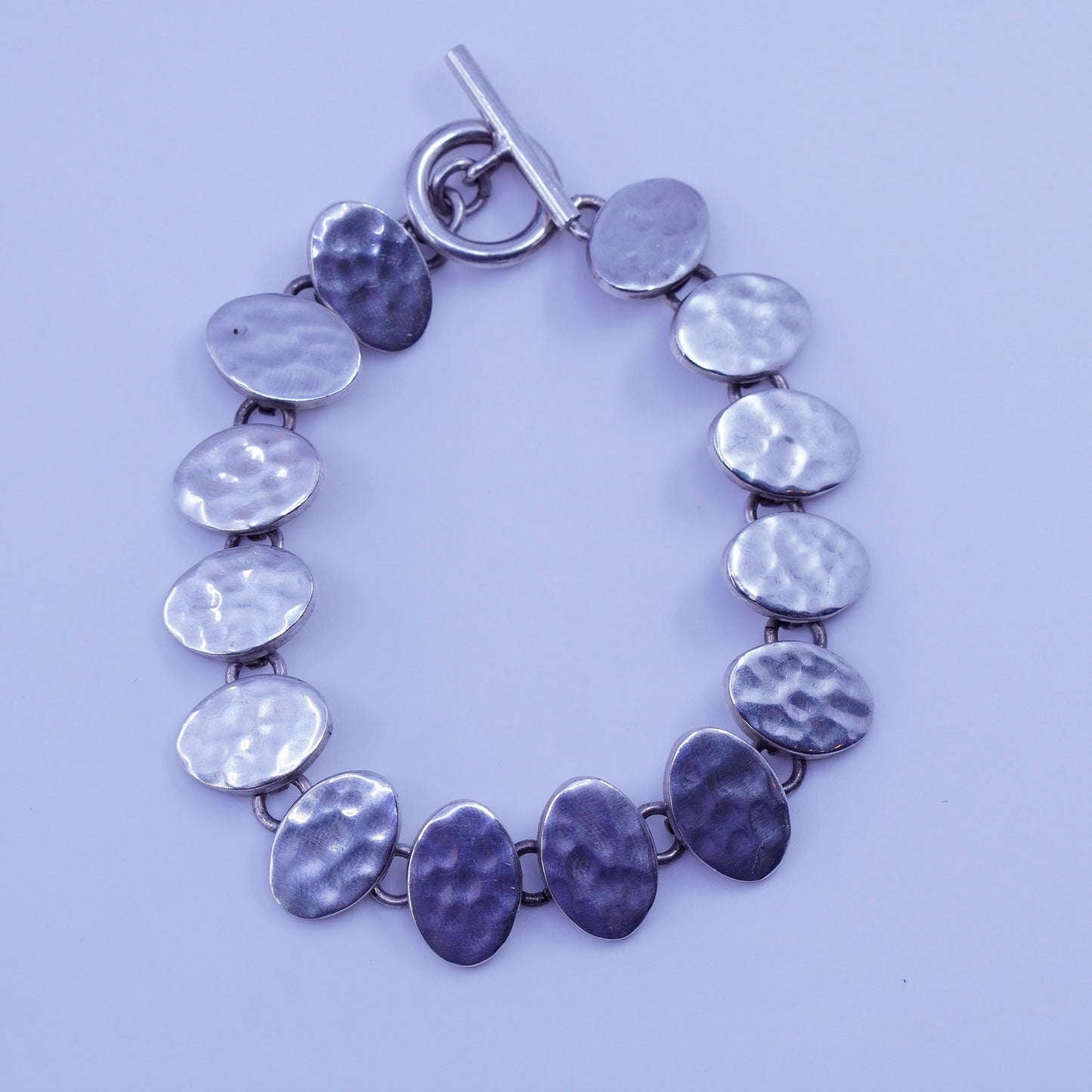 7.5”, vintage Sterling 925 silver handmade bracelet, hammered oval link chain