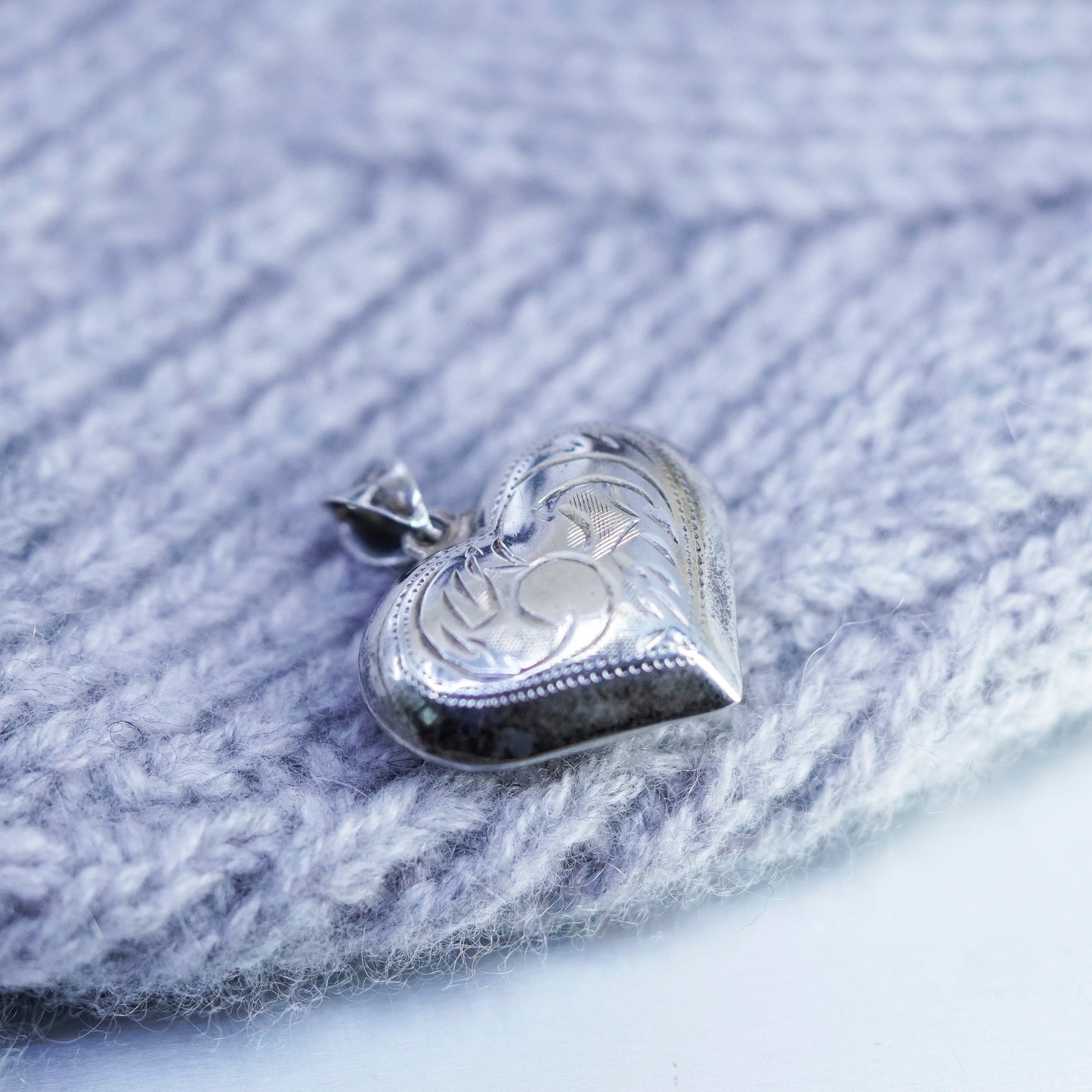 Vintage sterling 925 silver handmade textured puffy heart pendant
