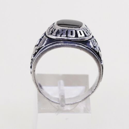 Sz 11.5, 1980s Sterling Silver Ring, 925 Brooklyn Center Statement W/ Obsidian