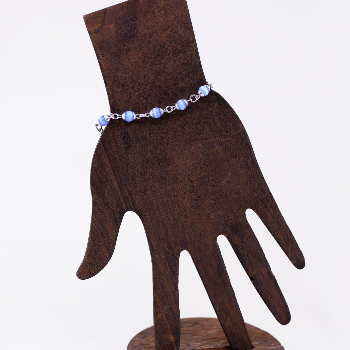 6”, Vintage Mexico sterling silver bracelet, 925 beads with blue cats eye