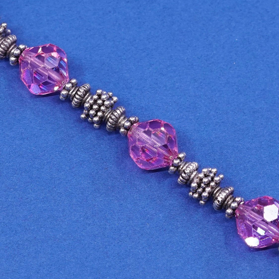 6.5”, vtg sterling silver handmade bracelet, 925 w/ pink crystal beads N toggle