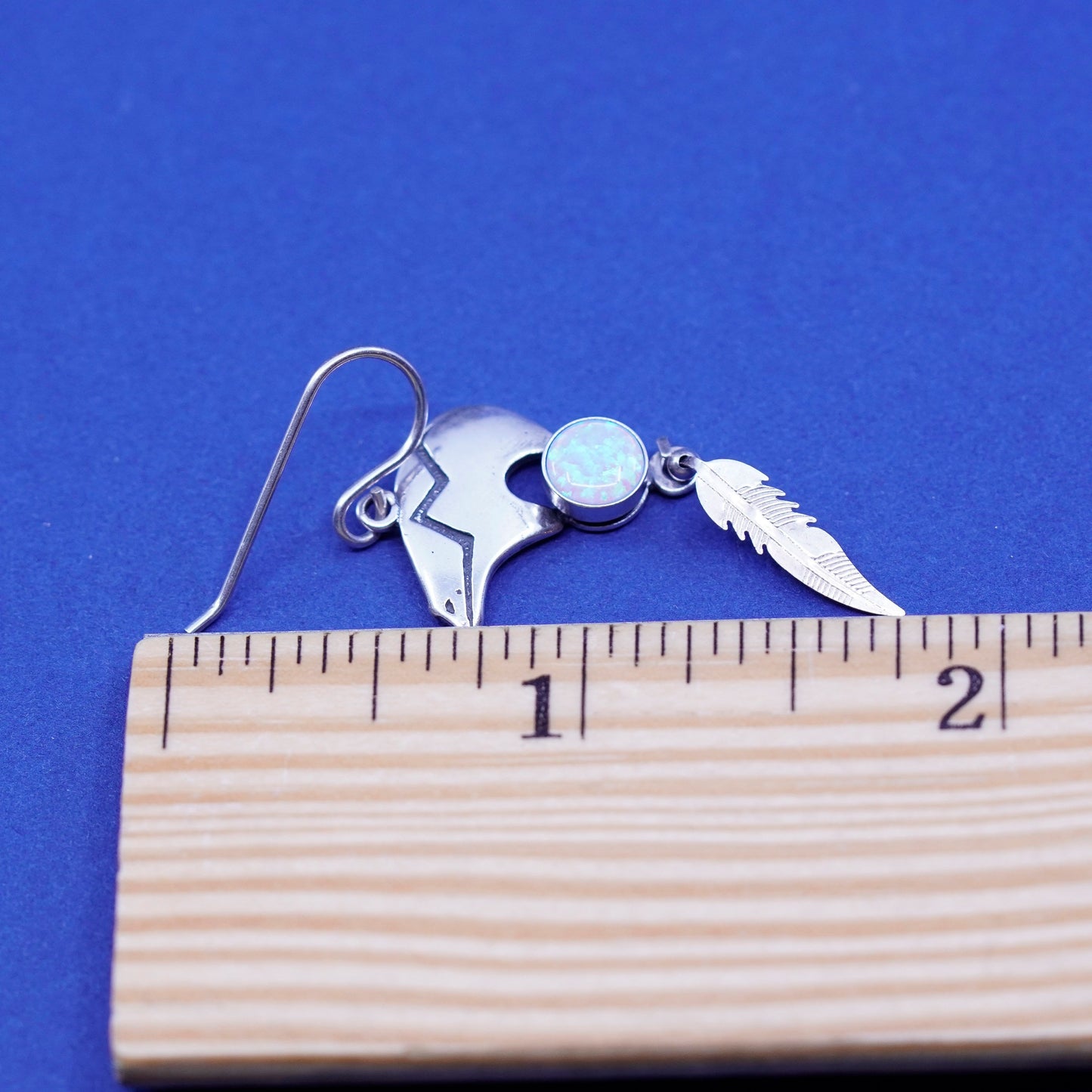 Navajo Glenn Irene sterling 925 silver handmade bear with opal feather dangles
