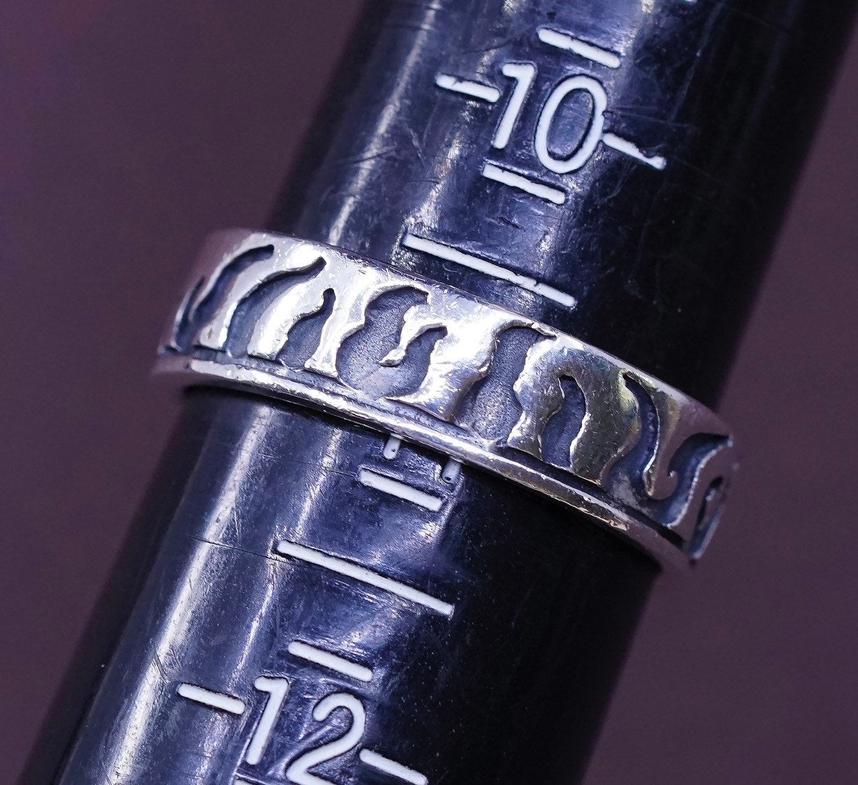 sz 11, vtg Sterling silver handmade ring, 925 band w/ fire embossed