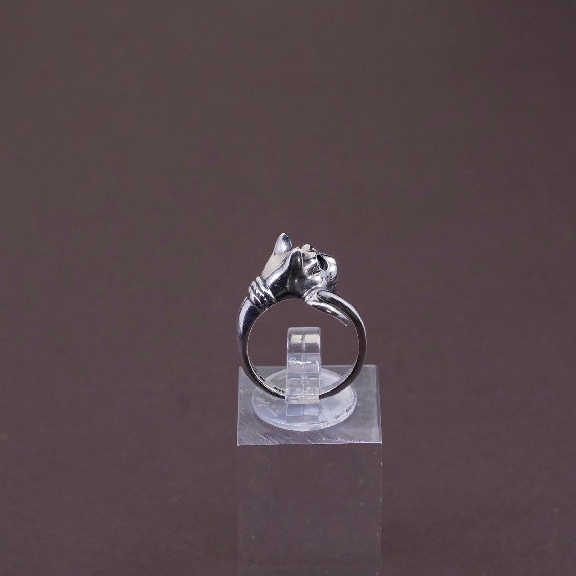 sz 5, kabana Sterling Silver Handmade ring, 925 cat head band w/ sapphire eyes