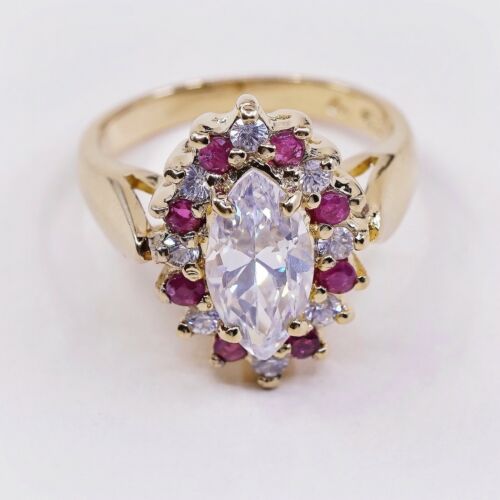 Sz 6, vermeil, gold over Sterling Silver Ring W/ ruby N Cz Around, stamped 925