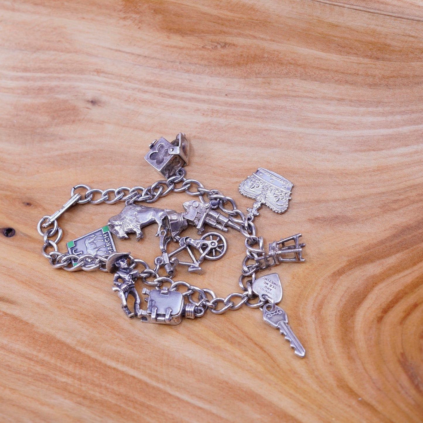 7”, 4mm, vintage Sterling silver handmade curb bracelet, 925 chain w/ 10 charms