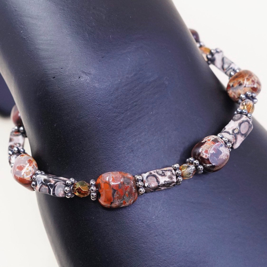 7", handmade vintage Jasper beads bracelet, with Sterling silver closure