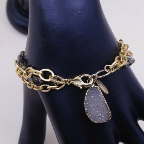 7” Gold Tone Multi Strands bracelet, Oval Chain W/ Hematite Beads N Druzy Charm