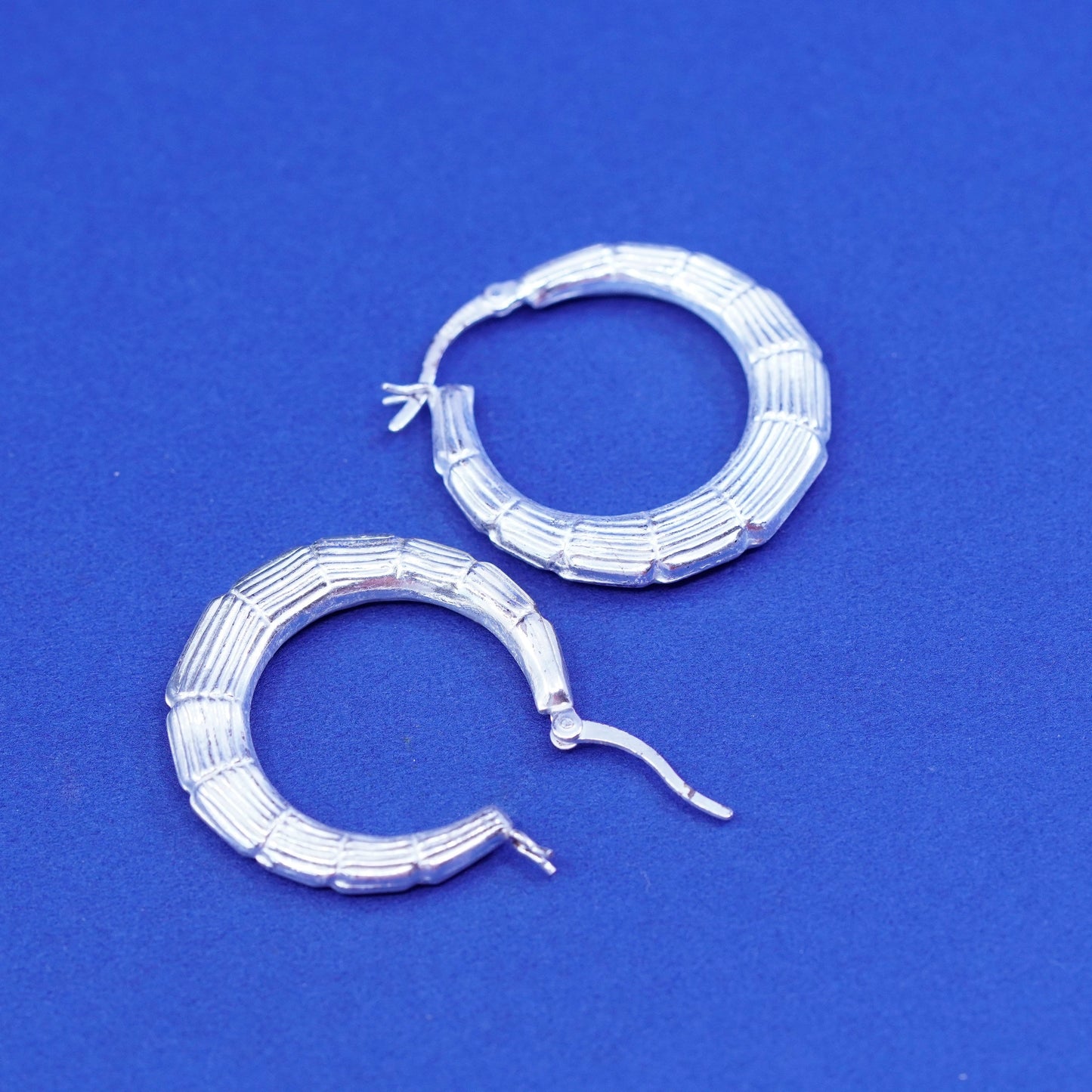1.25”, Vintage Sterling silver handmade earrings, bamboo 925 hoops Huggie