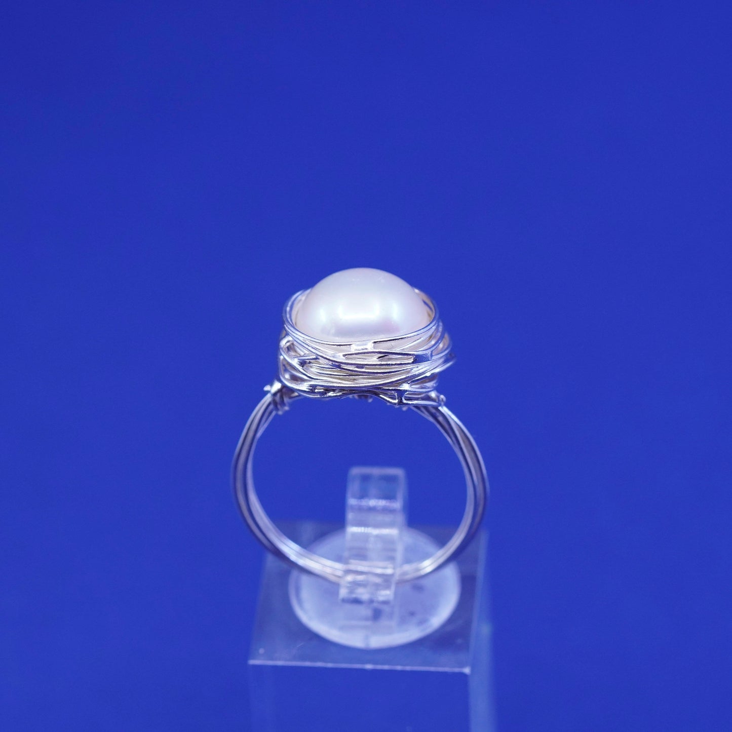 Size 9.5, vintage hammered textured Sterling 925 Silver wired ring with pearl