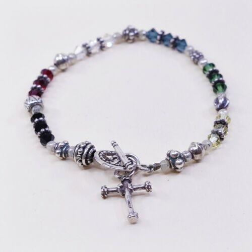 6.25”, Vtg Sterling 925 Silver Handmade bracelet W/ Crystal Beads N Cross Charm
