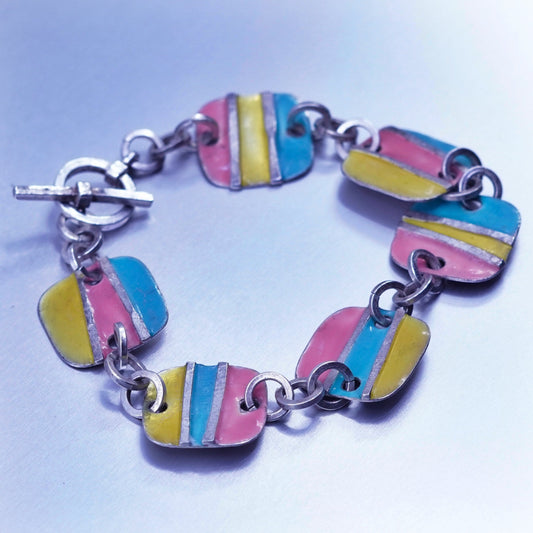6.5”, Vintage Sterling 925 silver handmade bracelet, color block enamel disc