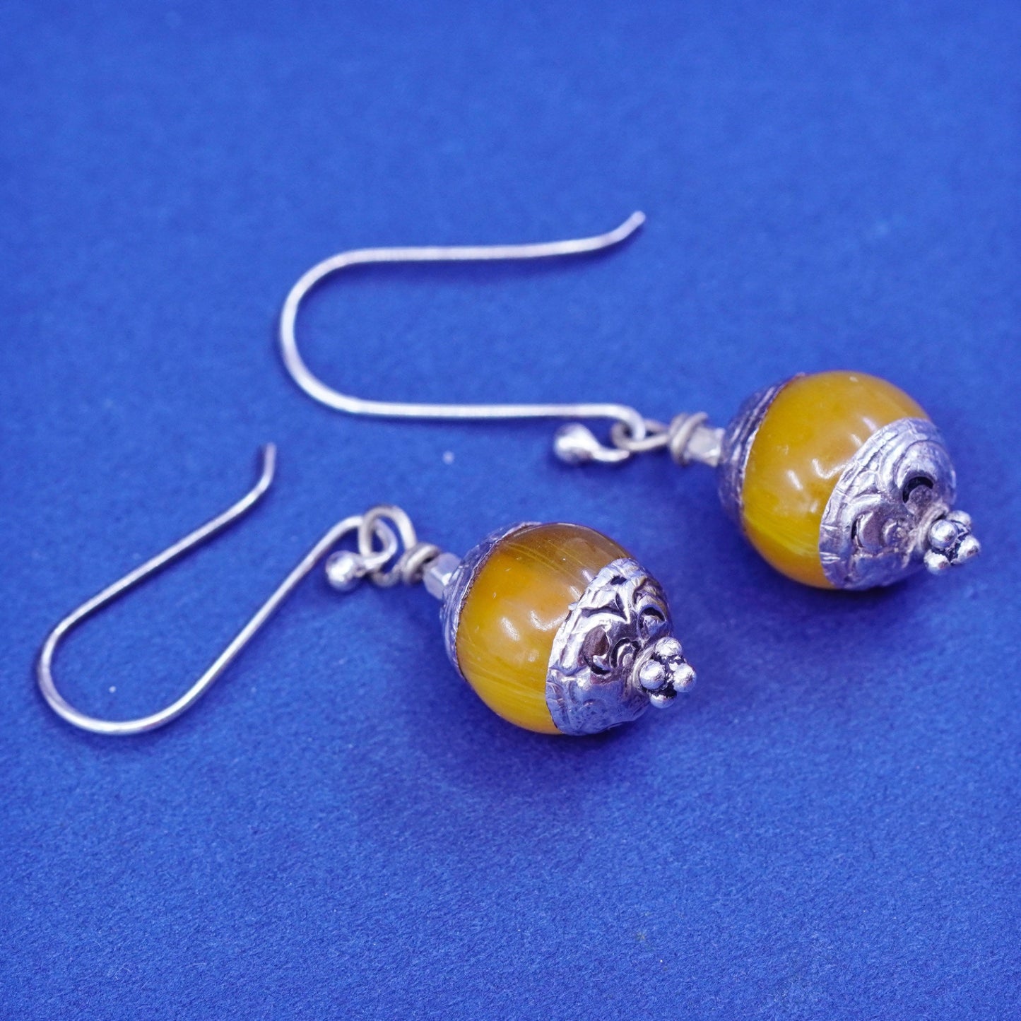 Vintage (500100) sterling silver handmade earrings, solid 925 silver with amber