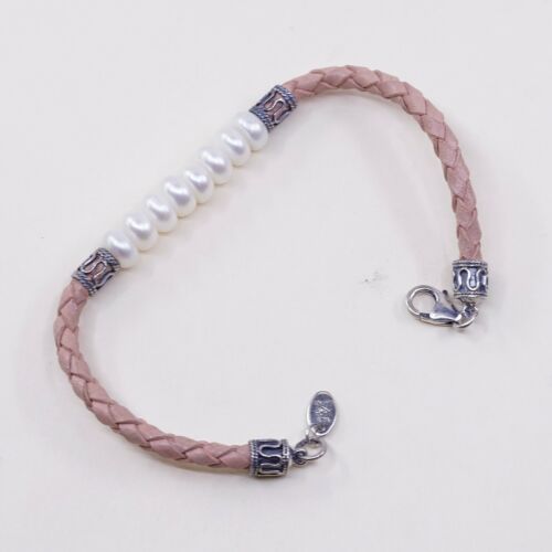 7”, Vtg Sterling Silver Handmade Bracelet, Pink Leather W/ Pearl N 925 Beads
